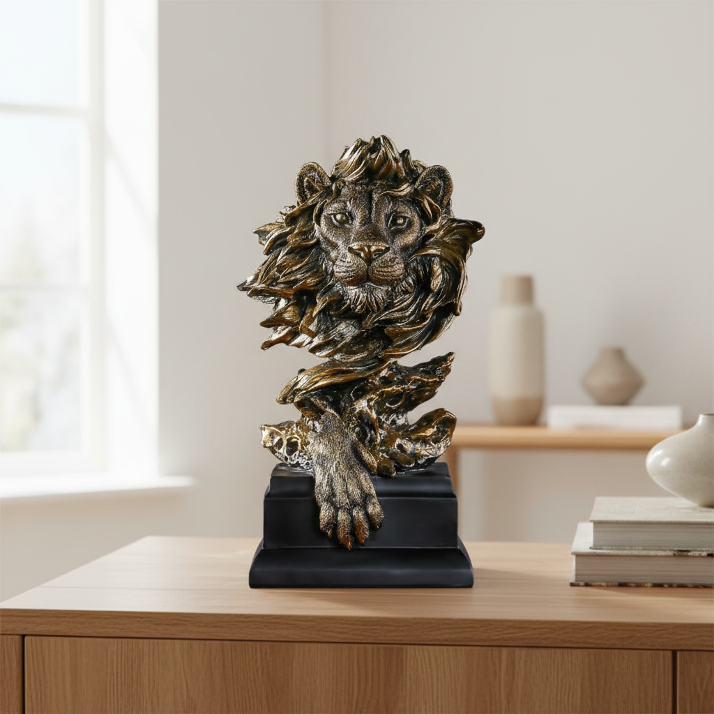Copper Lion Head tabletop sculpture