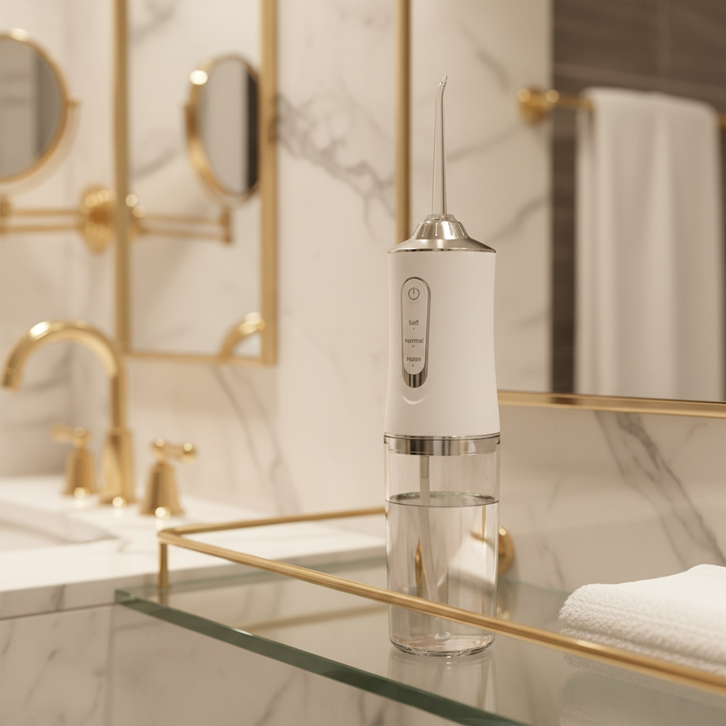 Smart Electric Water Flosser on glass shelf in hotel bathroom