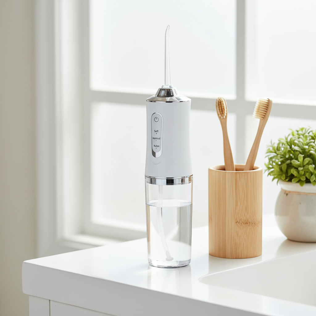Smart Electric Water Flosser on vanity with plants