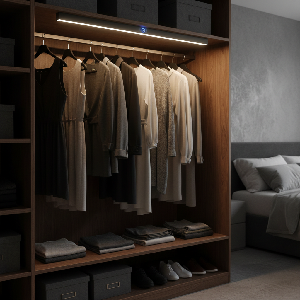 LED light bar inside wardrobe illuminating clothes