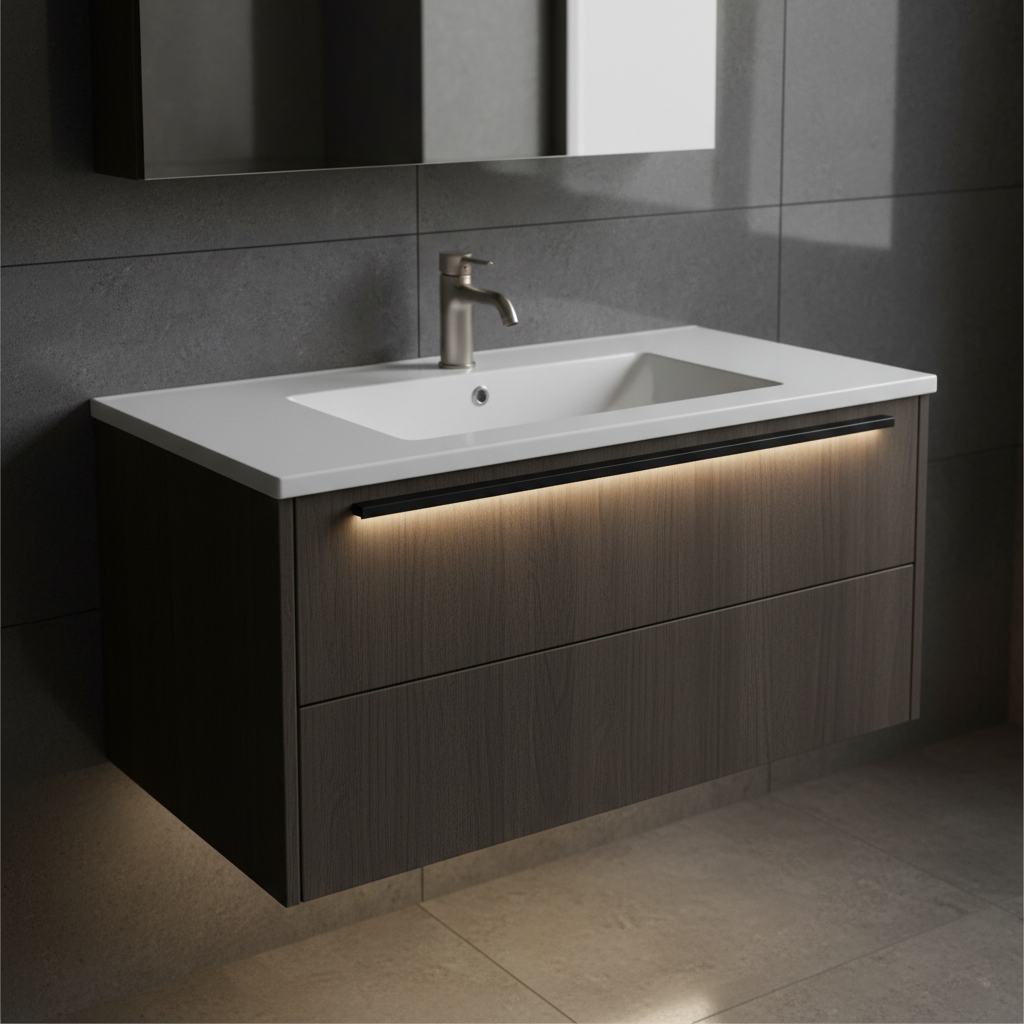 LED light bar mounted under bathroom cabinet above sink