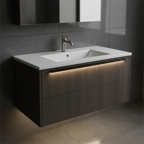 LED light bar mounted under bathroom cabinet above sink
