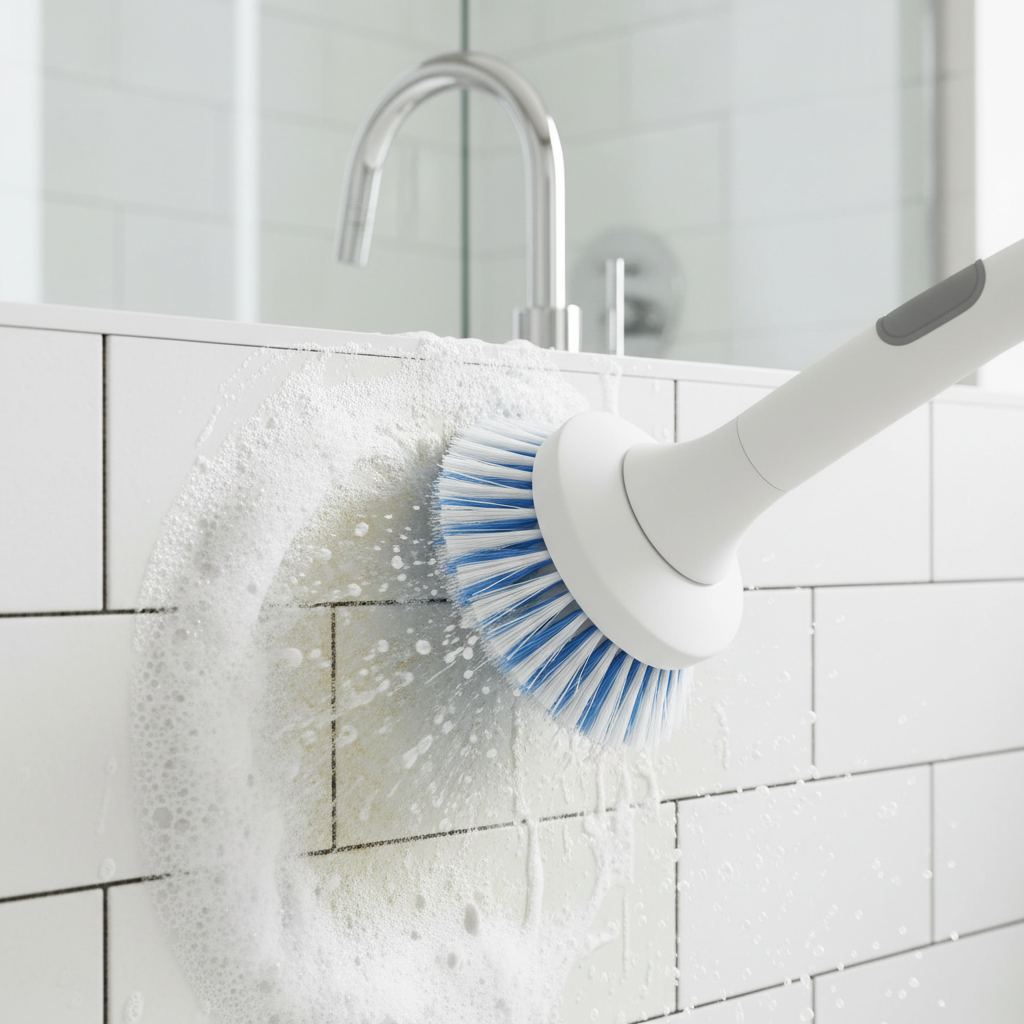 Electric cleaning brush scrubbing bathroom tiles