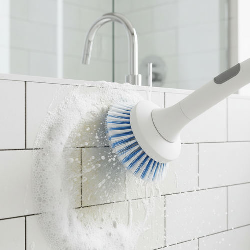 Electric cleaning brush scrubbing bathroom tiles