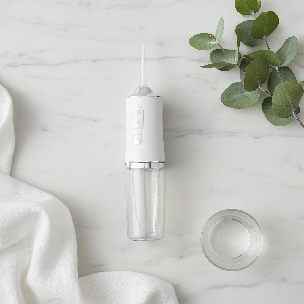 Smart Electric Water Flosser flat lay on white marble