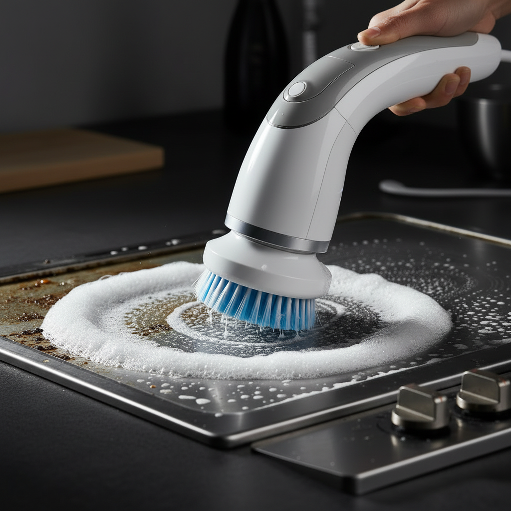 Blue cordless rotating electric cleaning brush scrubber - alternate angle