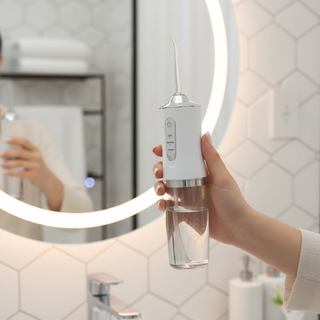 Smart Electric Water Flosser held in hand in luxury bathroom