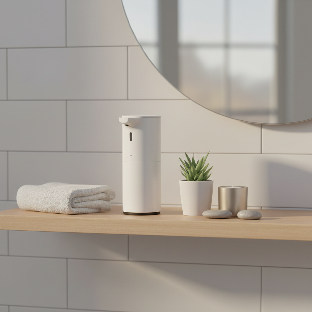 Touchless Automatic Soap Dispenser styled on bathroom shelf