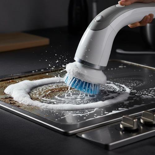 Electric cleaning brush scrubbing greasy kitchen stovetop