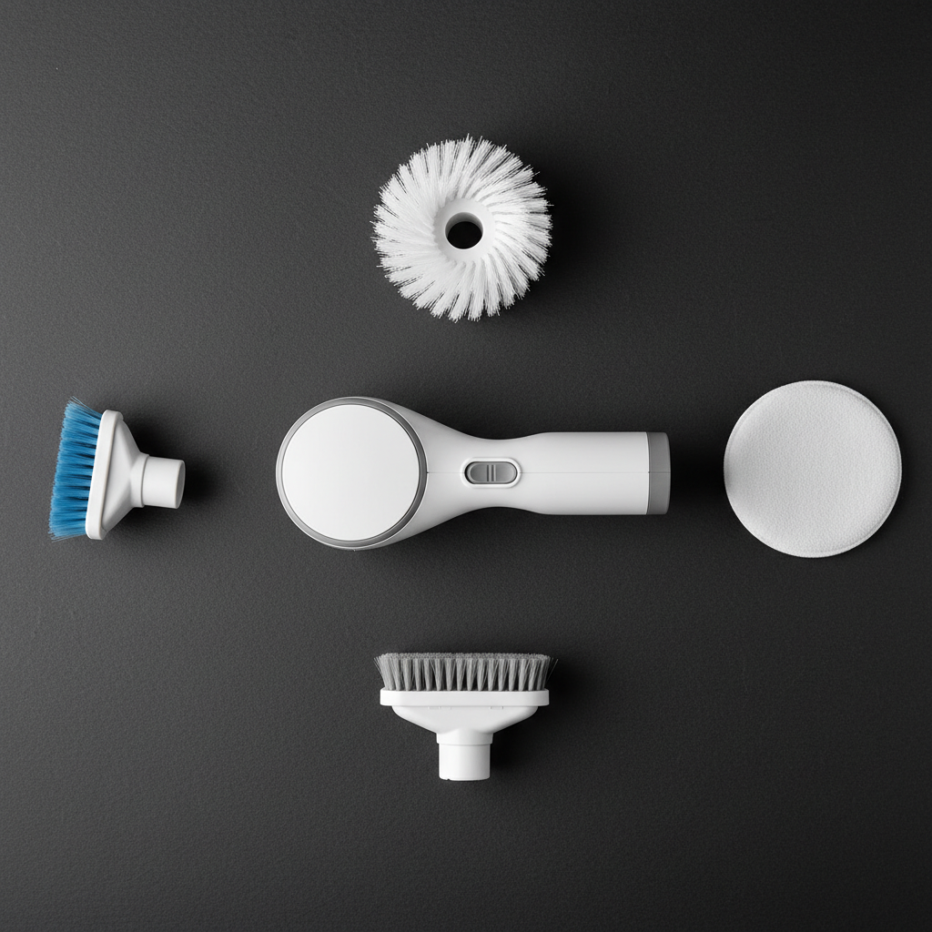 Electric cleaning brush with all 4 attachments flat lay