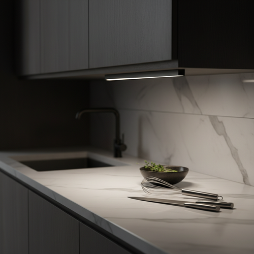 LED light bar mounted under kitchen cabinet glowing warm white light