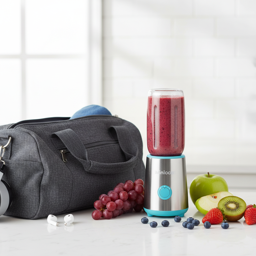 Portable USB mini blender with gym bag and fresh fruits lifestyle shot