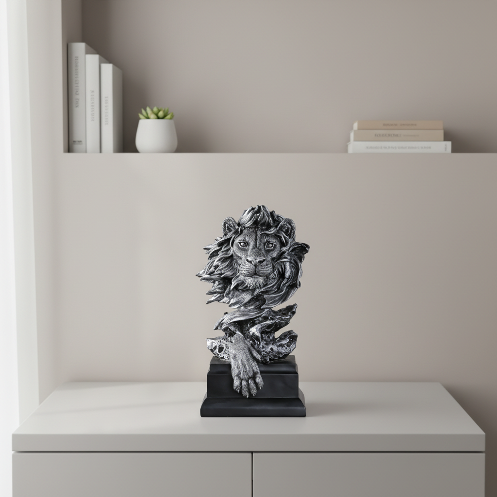 Silver Lion Head tabletop sculpture